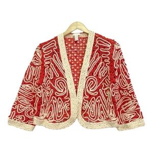 Chico's Red and Cream Open Front Sweater